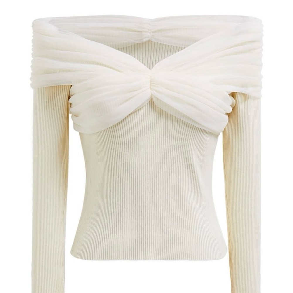 Off-Shoulder Mesh Spliced Knit Top - worn once for an hour